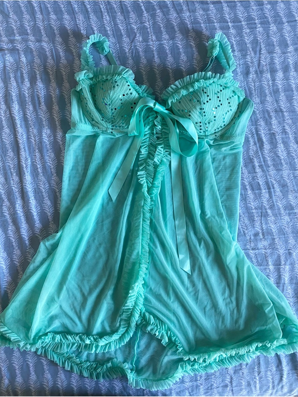 Sexy Little Thing Victoria's Secret 36B Mint Green Sheer Ruffle Babydoll Chemise